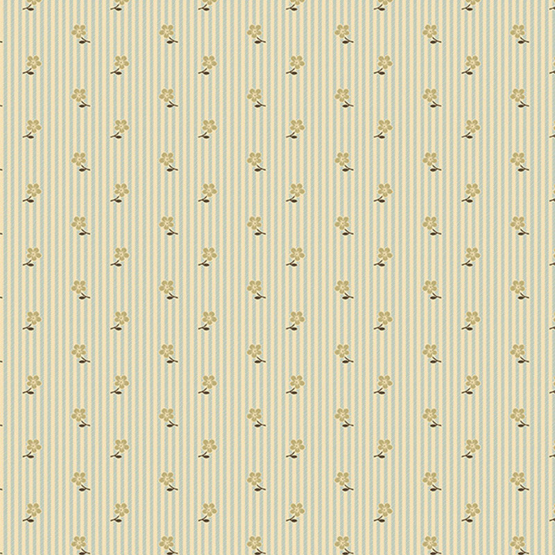 Soft beige fabric with a tossed floral pattern set against a background accented with teal pinstripes.