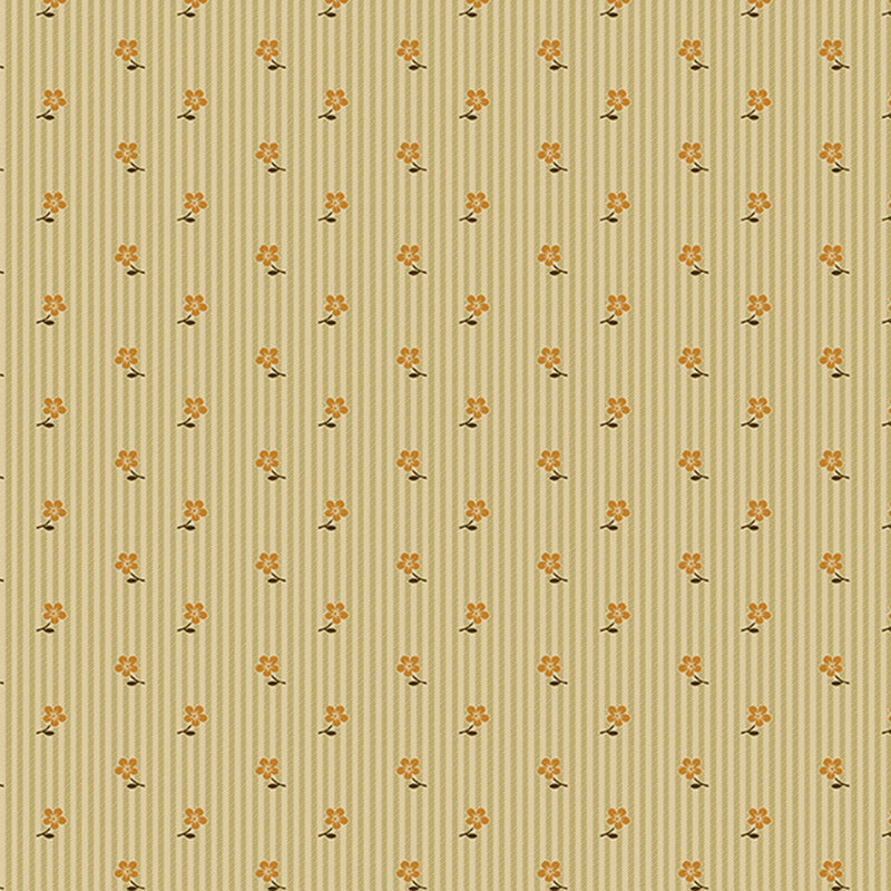 Light brown fabric with a tossed floral pattern set against a background accented with brown pinstripes.