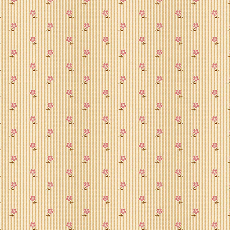 yellow fabric with a tossed floral pattern set against a background accented with cream pinstripes.
