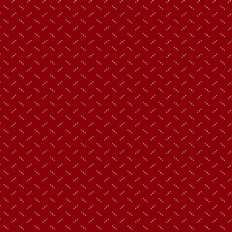 Red fabric with a tossed pattern of evenly spaced rows of three dots.