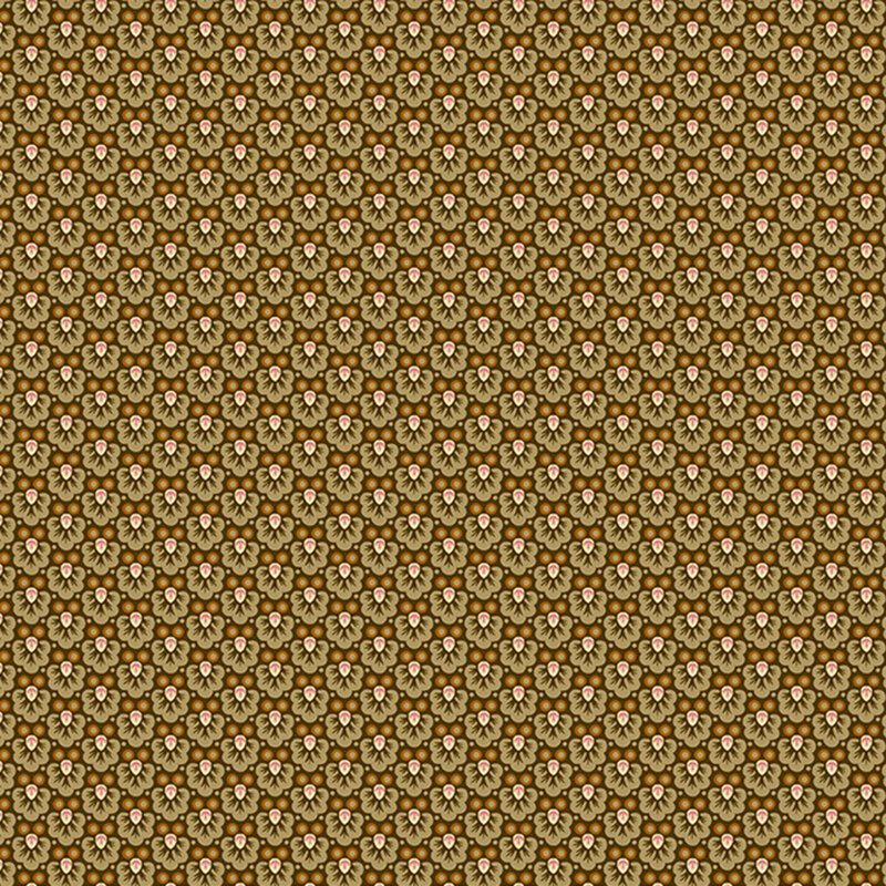Brown fabric with a dense primitive pattern of stylized florals and leafy vines with a timeless folk-art charm.