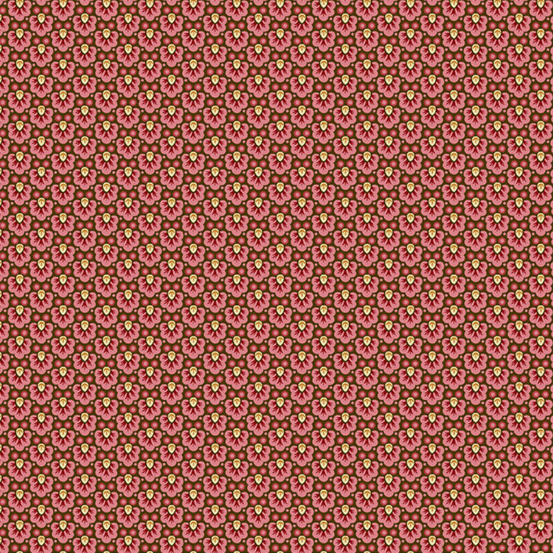 Brown fabric with a dense primitive pattern of stylized pink florals and leaves with a timeless folk-art charm.