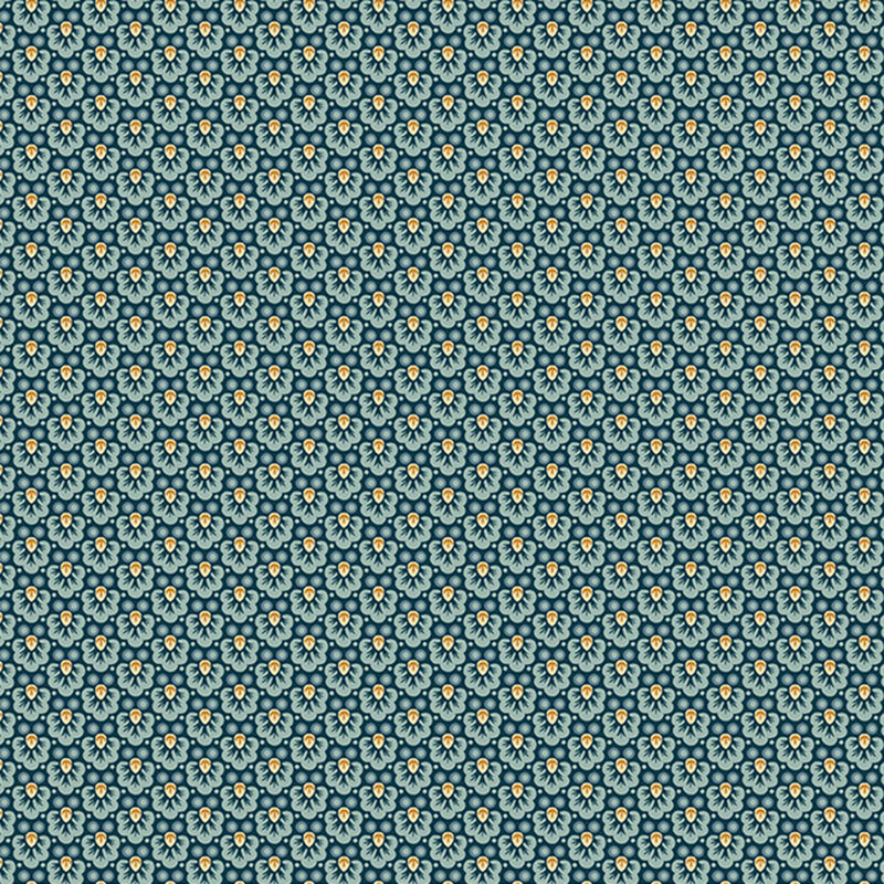 Blue fabric with a dense primitive pattern of stylized florals and leaves with a timeless folk-art charm.