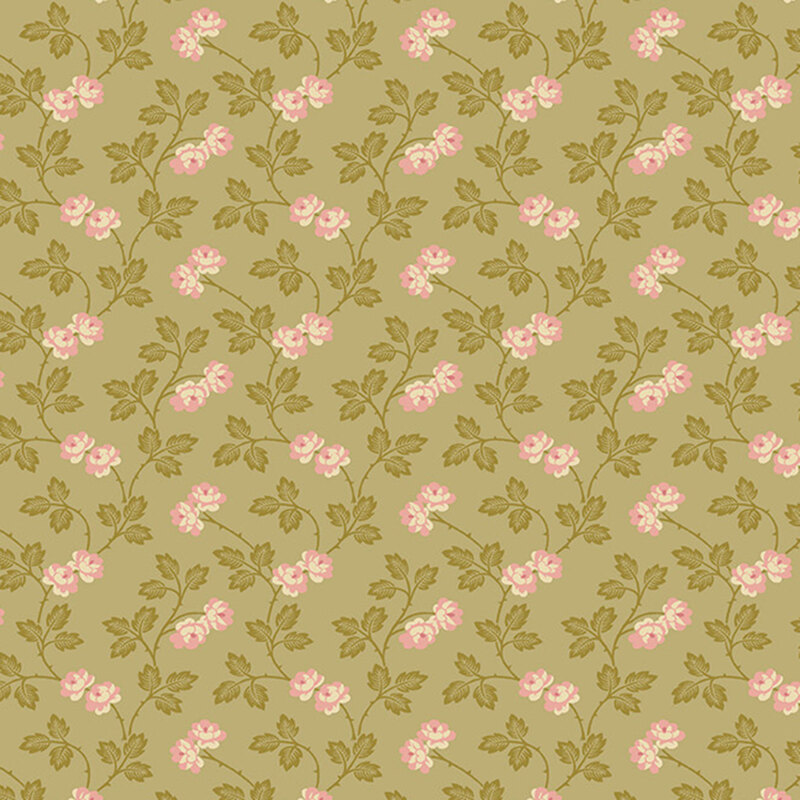 Sage green fabric with a winding pattern of thorny vines, leafy stems, and delicate pink blossoms.