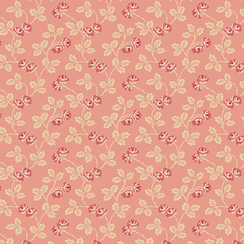 Pink fabric with a winding pattern of thorny vines, leafy stems, and delicate blossoms.