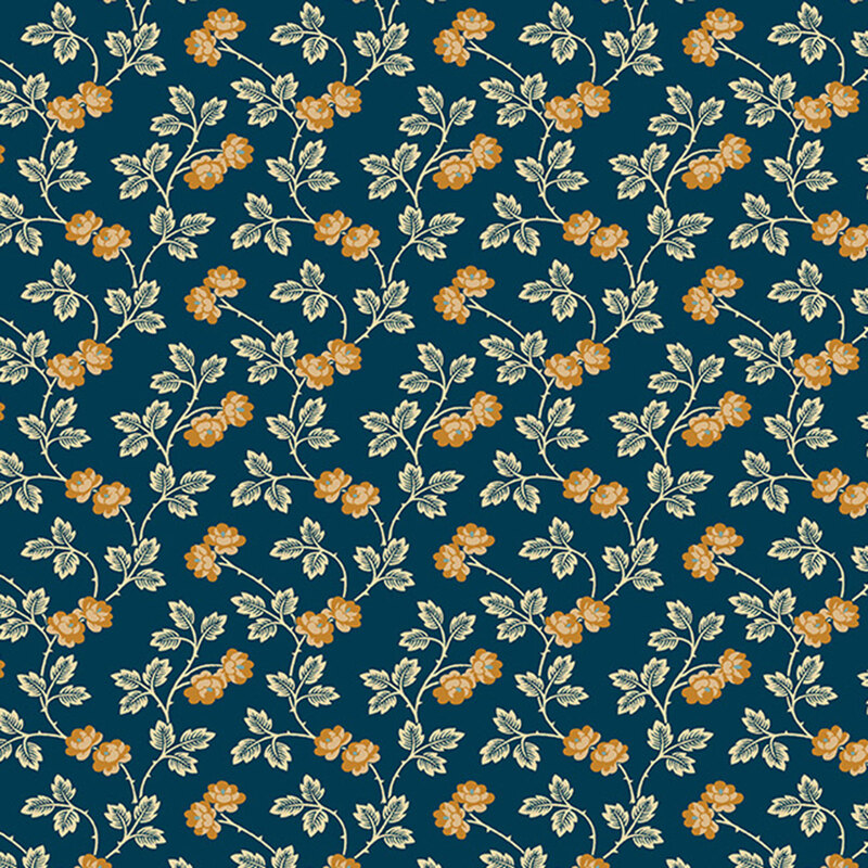 Dark blue fabric with a winding pattern of thorny vines, leafy stems, and delicate blossoms.