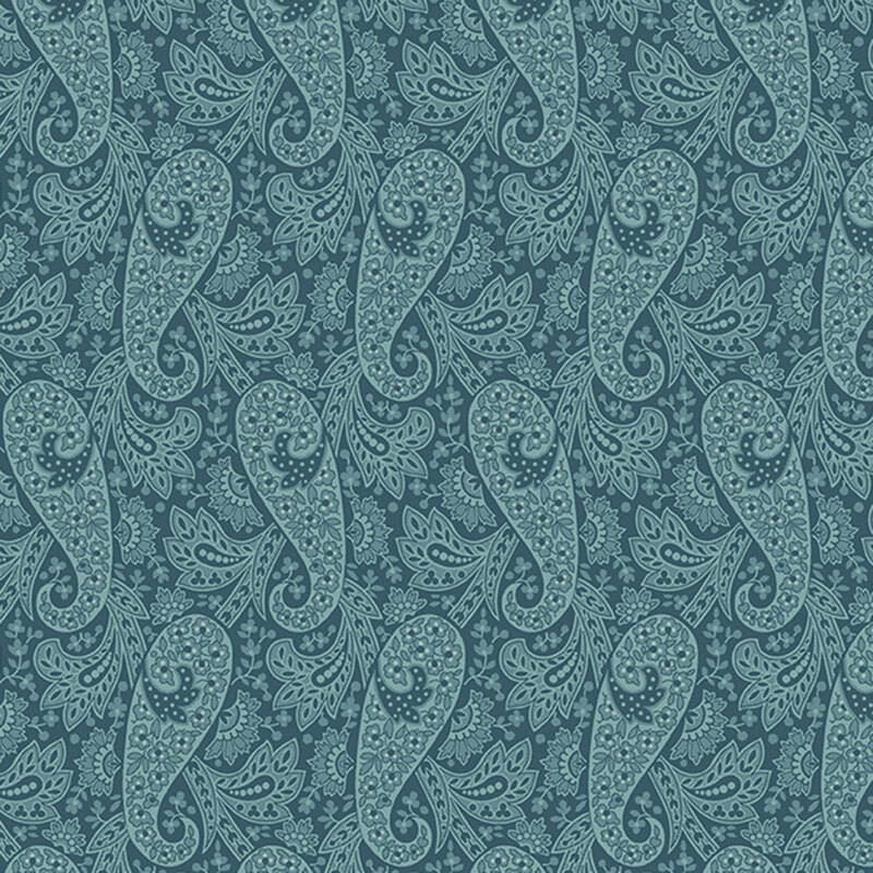 Blue fabric with a tonal paisley pattern filled with densely packed floral details.
