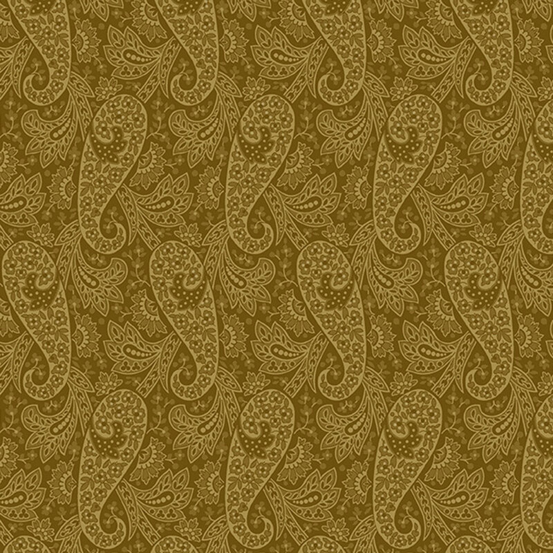 Brown fabric with a tonal paisley pattern filled with densely packed floral details.