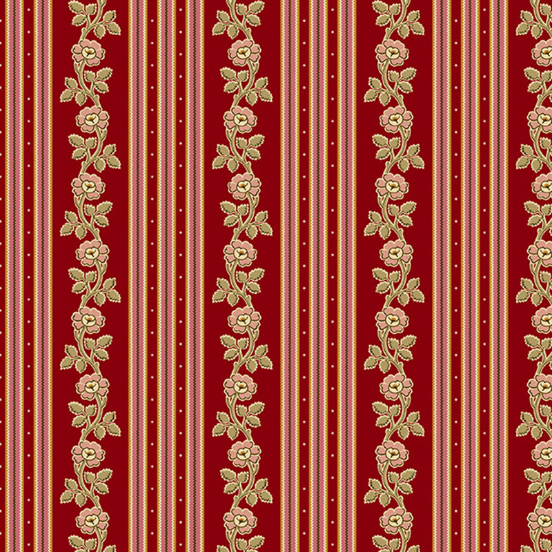 Red fabric with a striped pattern with a mix of vintage florals and stylized patterns.