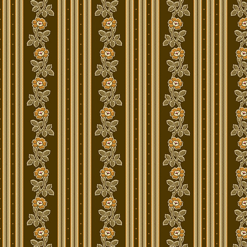 Brown fabric with a striped pattern with a mix of vintage florals and stylized patterns.