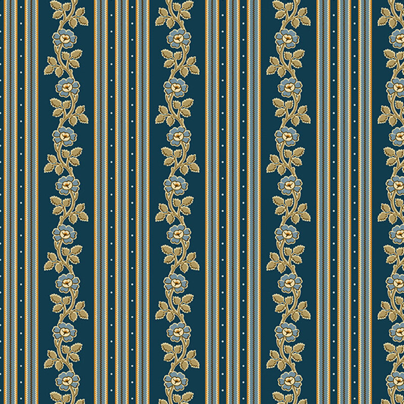 Dark blue fabric with a striped pattern with a mix of vintage florals and stylized patterns.