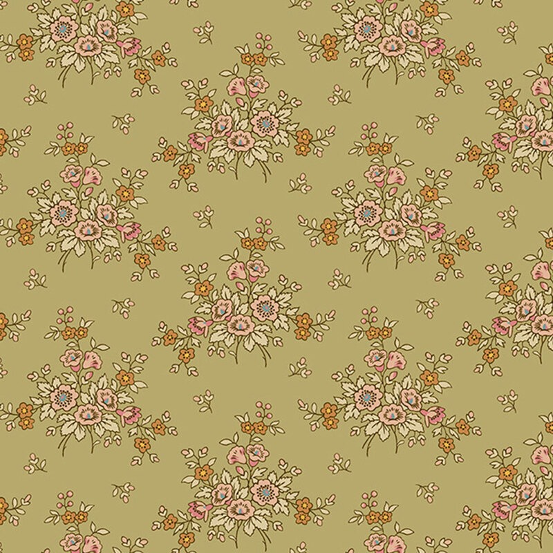 Sage green fabric with a clustered pattern of floral bouquets with tulips and leafy accents.