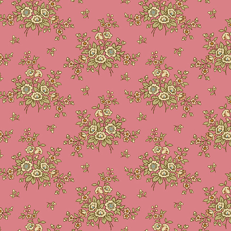 Dusty pink fabric features a clustered pattern of floral bouquets with tulips and leafy accents.