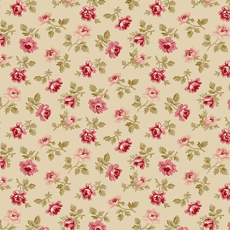 Tan fabric with a tossed pattern of stylized vintage floral motifs with a timeless, folk-inspired charm.