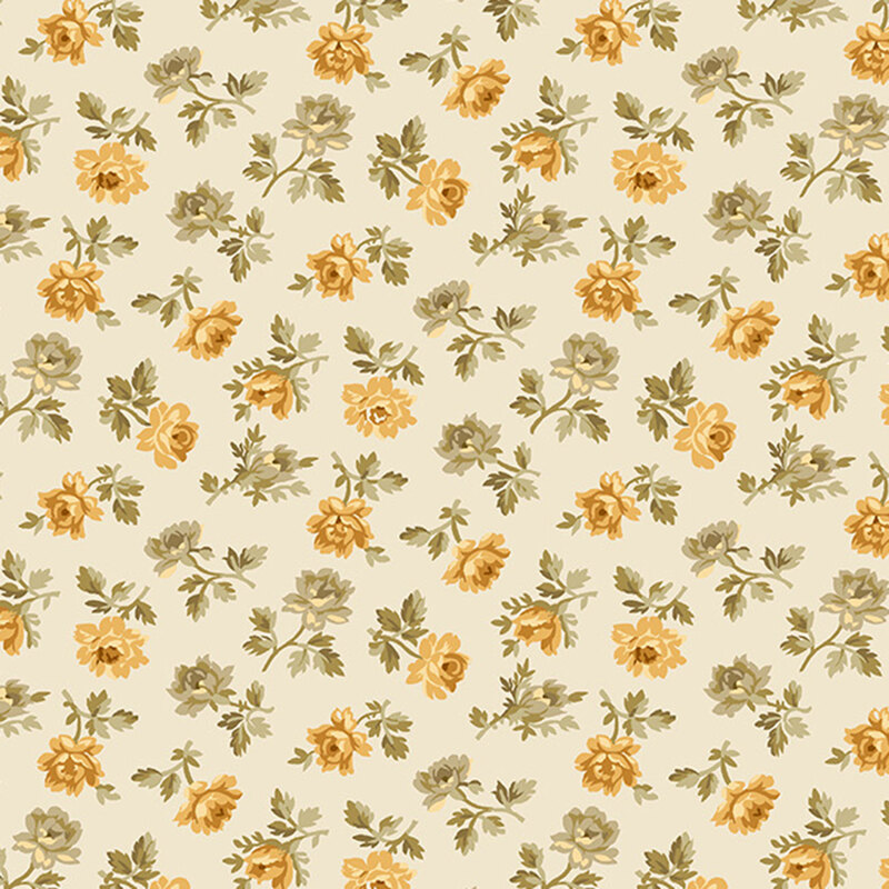Cream fabric with a tossed pattern of stylized vintage floral motifs with a timeless, folk-inspired charm.