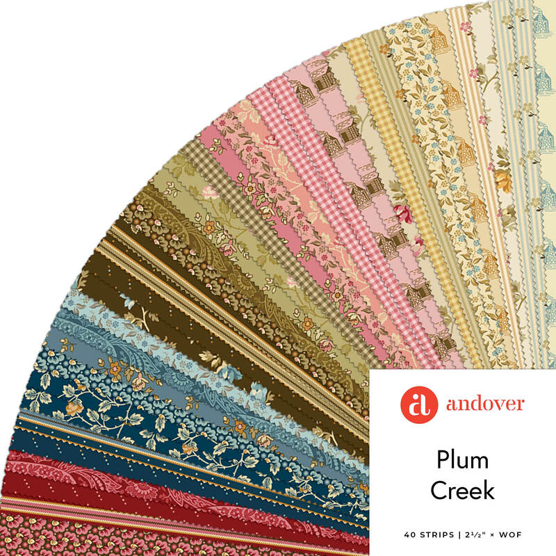 Fan of multicolored floral fabric swatches labeled “Plum Creek” by Andover