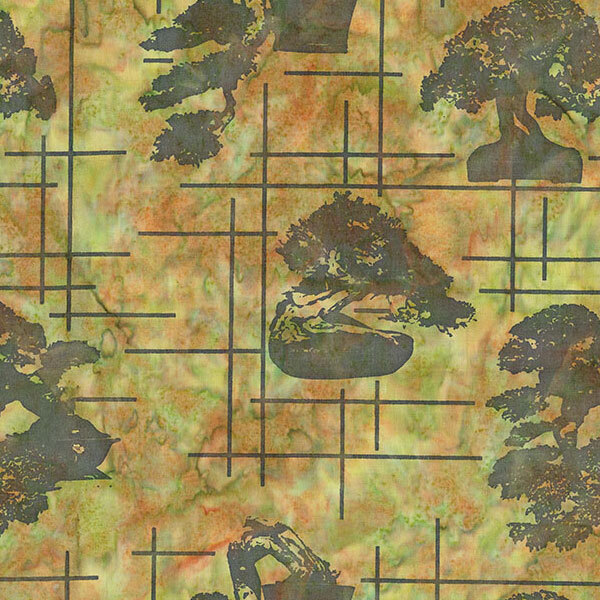 Rusty orange and soft green batik with dark green geometric lines and scattered bonsai trees.