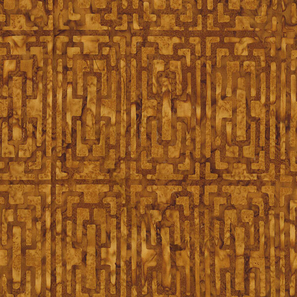 Light brown tonal batik layered with a brown geometric trellis pattern.
