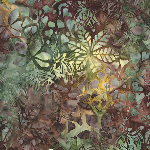 Brown, lemongrass, and sage green batik layered with tonal botanicals.