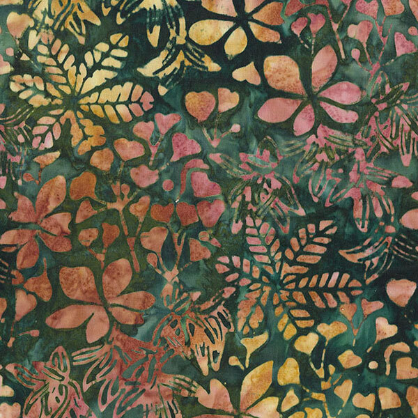 Forest green batik layered with orange and yellow-toned botanicals.