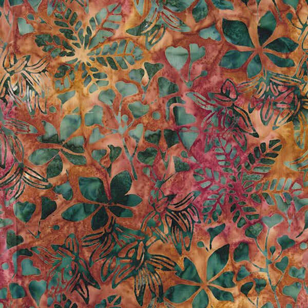 Brown and red batik layered with viridian and sage botanicals.
