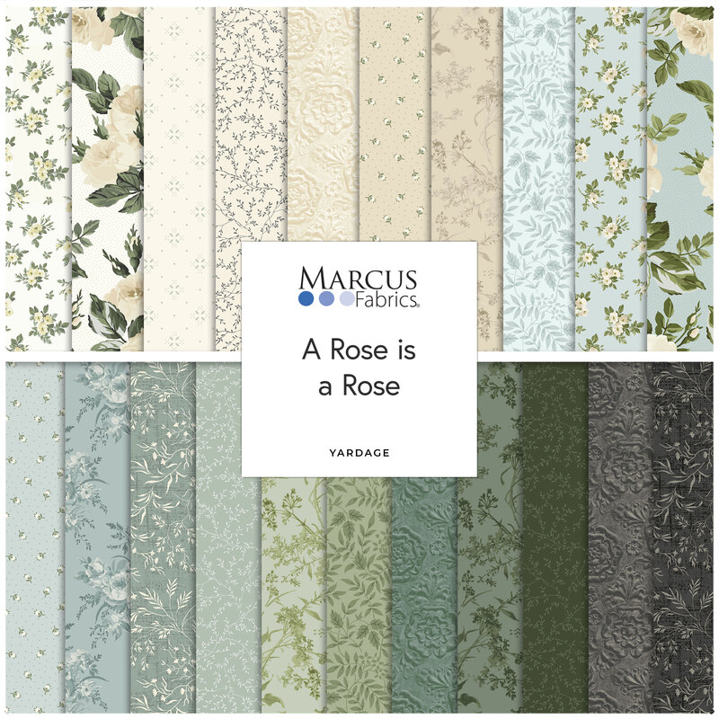 Collage of the available yardage from the fabric collection, A Rose is a Rose.