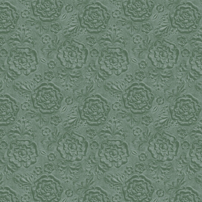 Rich jade tonal fabric with a scattered, embossed floral design.