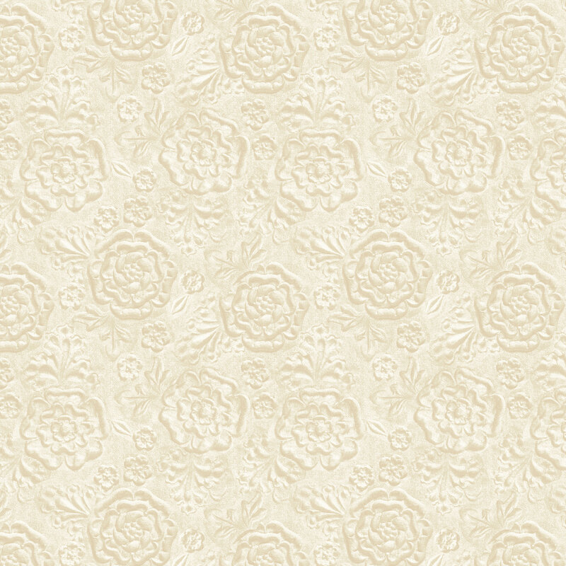 Soft cream tonal fabric with a scattered, embossed floral design.