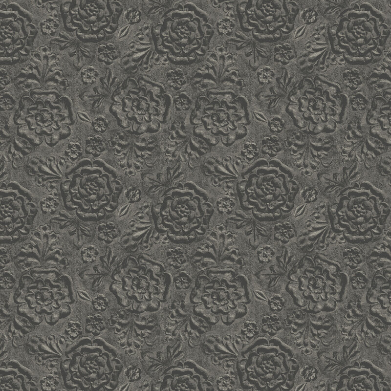 Soft black tonal fabric with a scattered, embossed floral design.