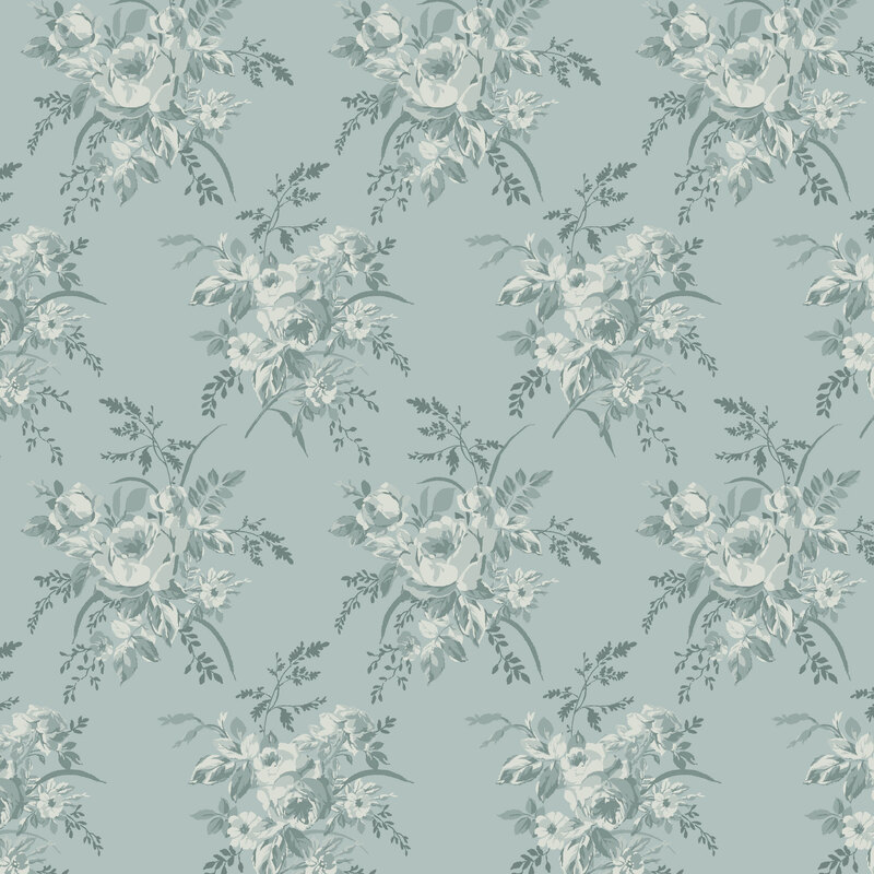 Faded blue tonal fabric with an ornamental spread of alternating floral bouquets.