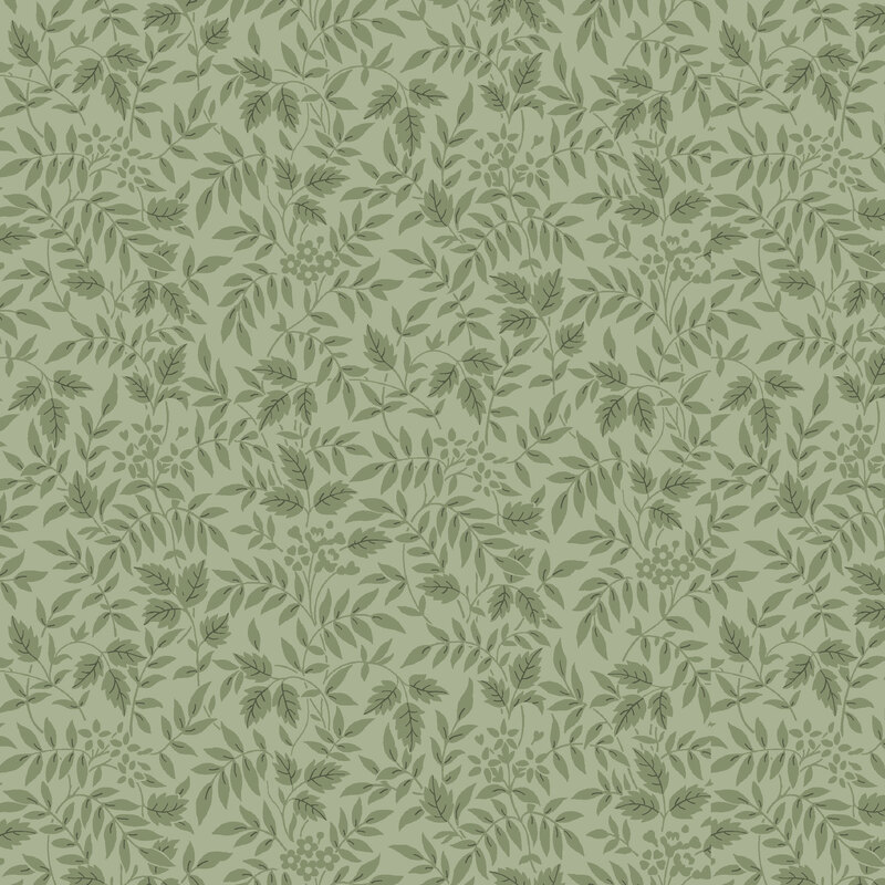 Sage green fabric with soft green leaves scattered across the top.