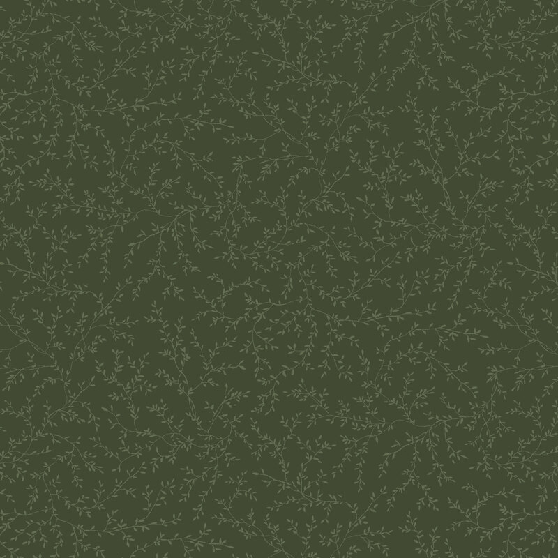 Hunter green fabric with tonal sage sprigs and vines strewn across the top.