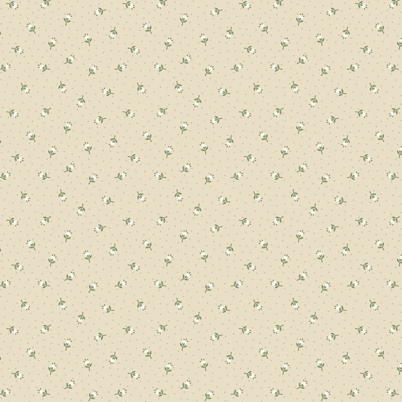 Beige fabric with tan polka dots and scattered floral buds over the top.