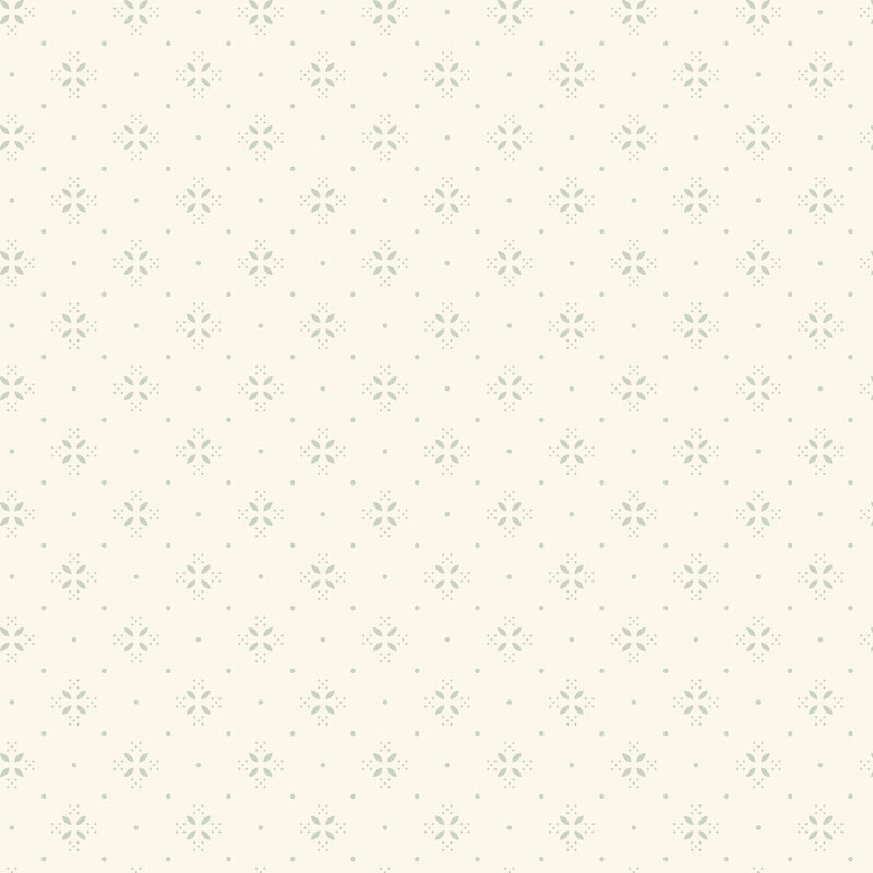 Cream fabric with biased grid of gray polka dots, petals, and small crosses.
