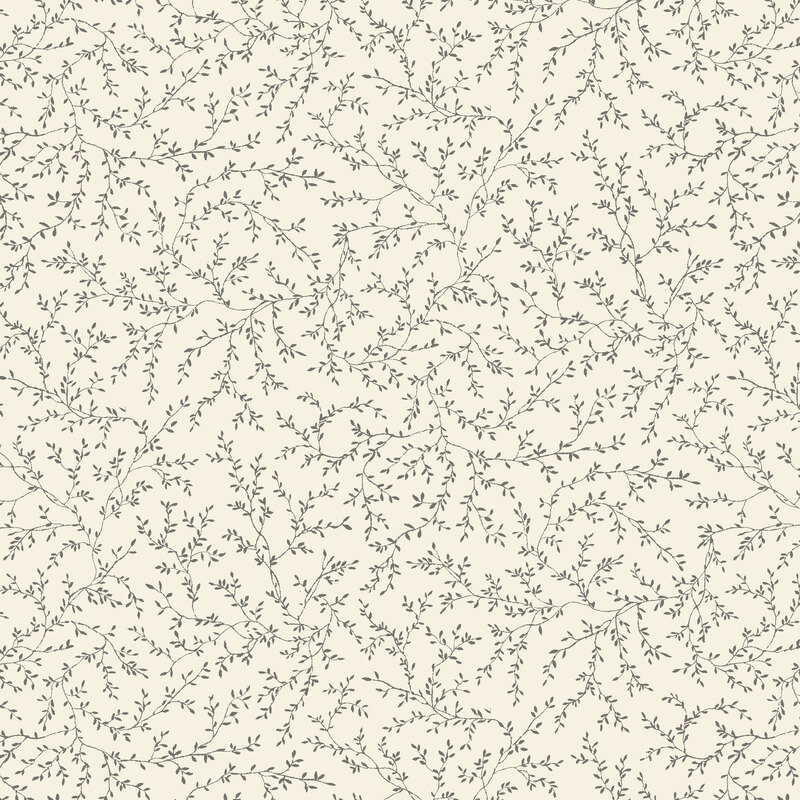 Soft cream fabric with gray sprigs and vines strewn across the top.