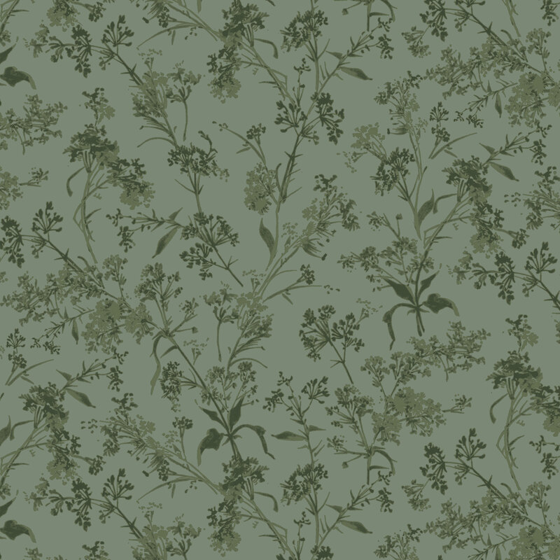 Dark jade fabric with deep viridian branches and leaves spread across the top.