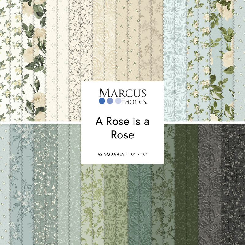 Collage of the 10" Square Bundle from the fabric collection, A Rose is a Rose.