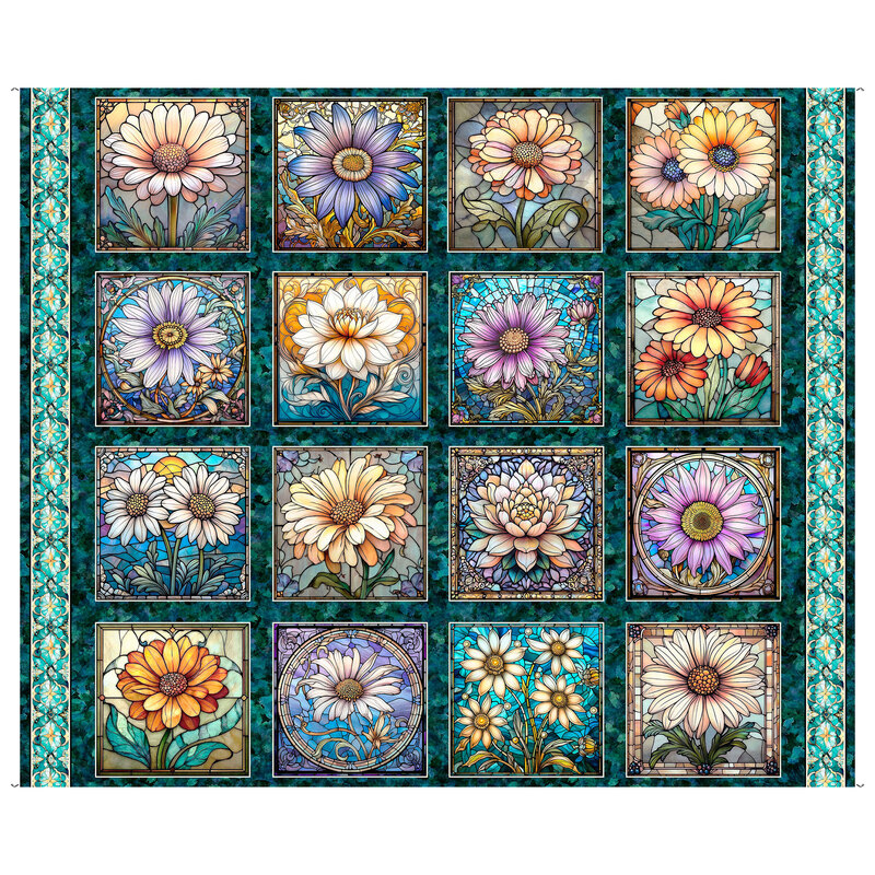 Block panel of mosaic florals on a dark teal fabric bordered by an aqua gem design.