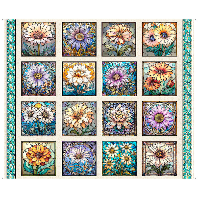 Block panel of mosaic florals on a cream fabric bordered by an aqua gem design.