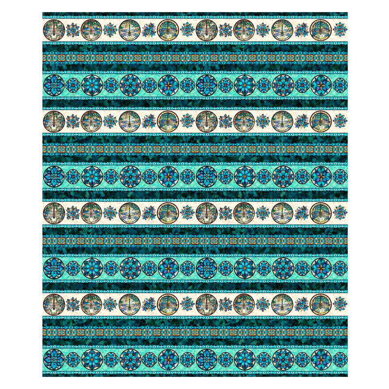 Teal and aqua mosaic textured border stripe with stripes of dragon flies and florals.