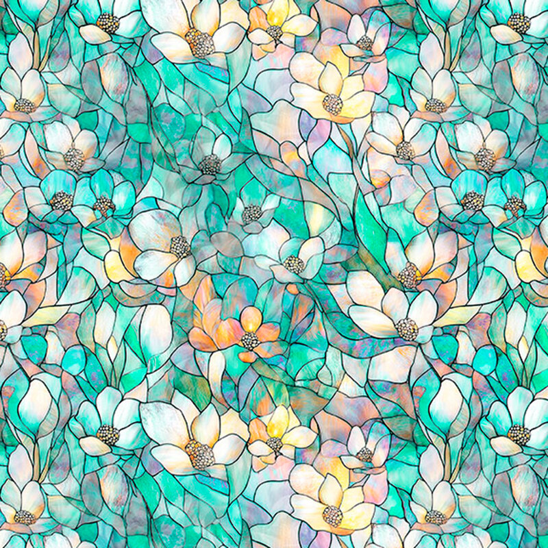 Textured stained glass aqua fabric with mosaic florals.