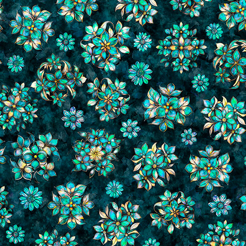 Textured dark teal fabric topped with tossed aqua and veridian mosaic florals.