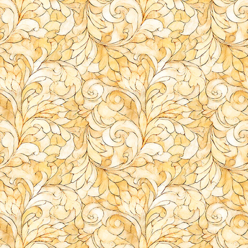 Cream fabric with mottled texture layered on swirls of florals and leaves.