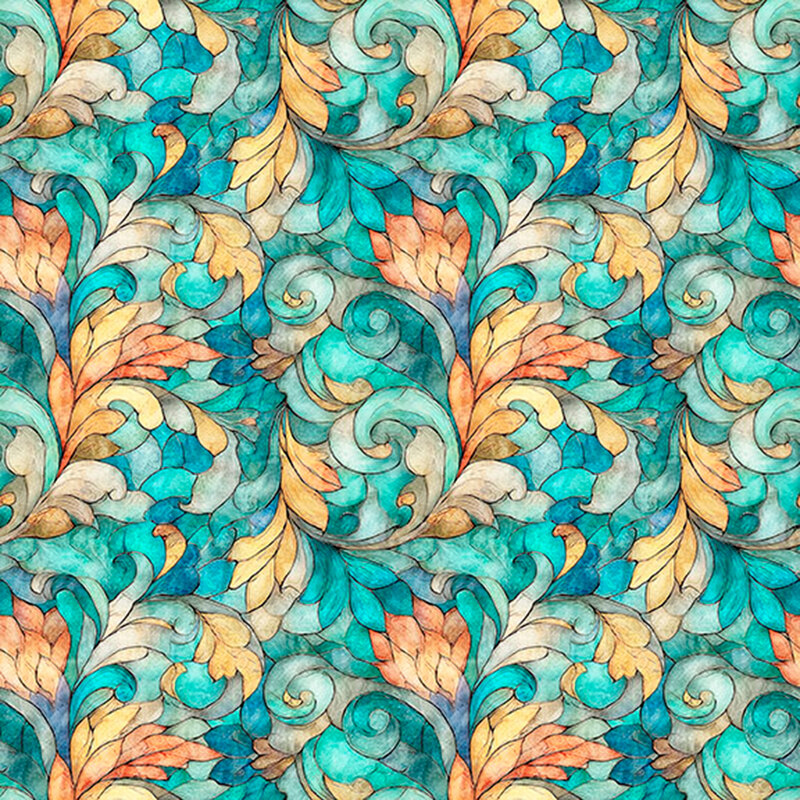 Aqua and orange fabric with mottled texture layered on swirls of florals and leaves.