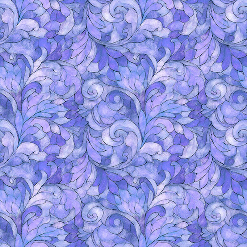 Violet and lavender fabric with mottled texture layered on swirls of florals and leaves.