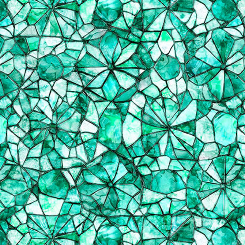 Turquoise fabric with an intricate mosaic design.