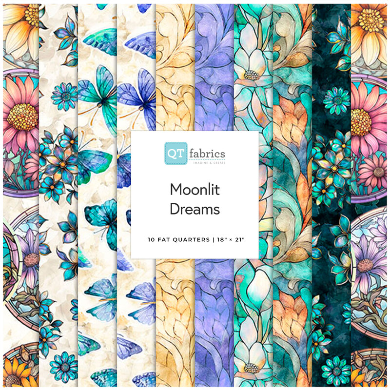Collage of the Fat Quarter Bundle from the Moonlit Dreams fabric collection.