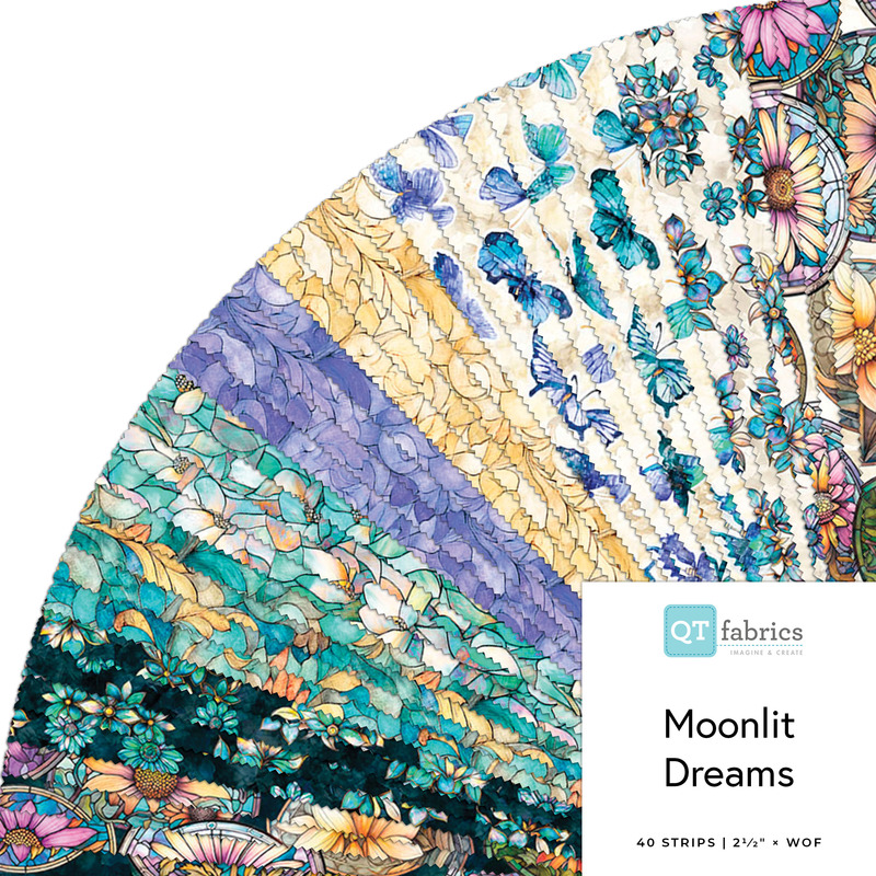 Collage of the Strip Roll Bundle from the Moonlit Dreams fabric collection.