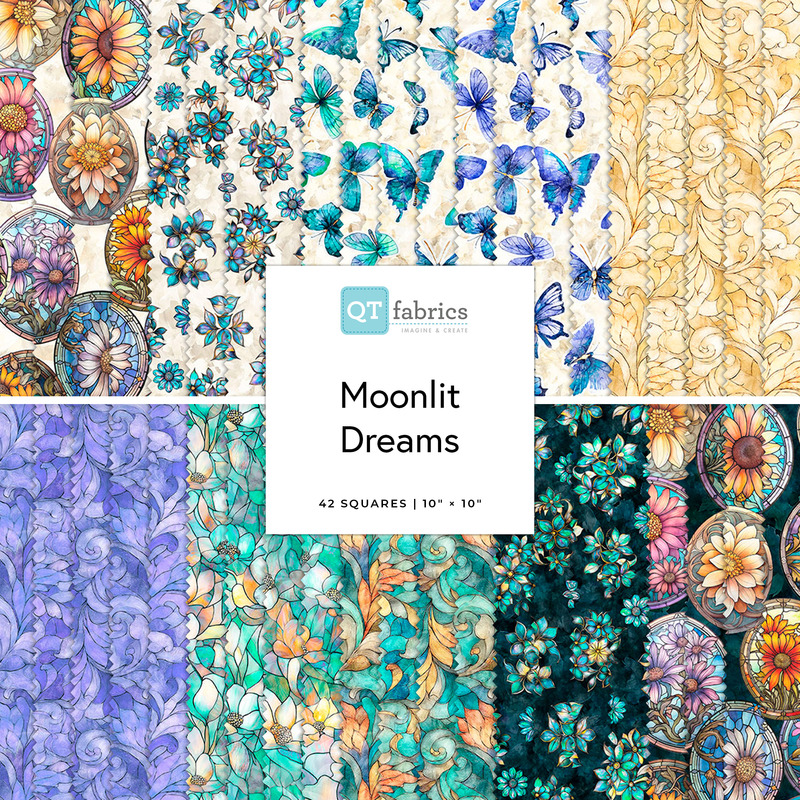 Collage of the 10" Square Bundle from the Moonlit Dreams fabric collection.