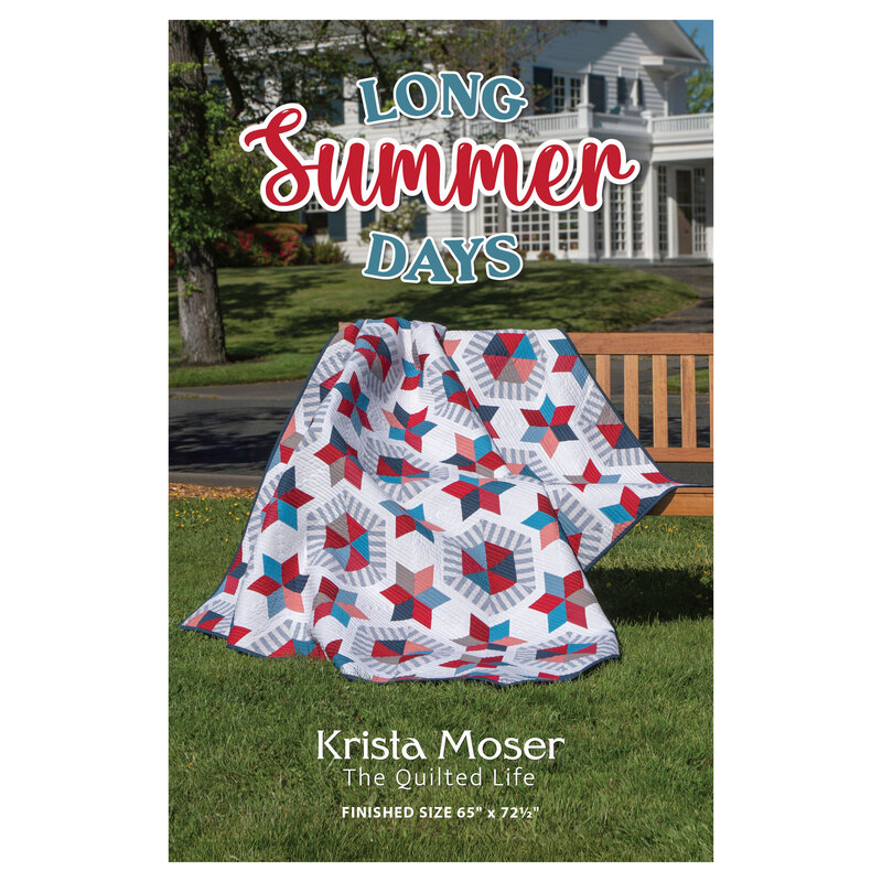 The front of the Long Summer Days pattern showing the finished quilt in red, white, and blue. 